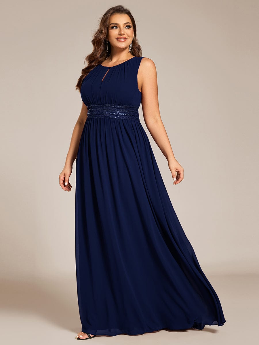 A-Line Chiffon Bridesmaid Dress with Sleeveless Round Neckline and Pleats #color_Navy Blue