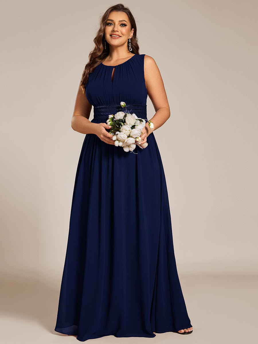 A-Line Chiffon Bridesmaid Dress with Sleeveless Round Neckline and Pleats #color_Navy Blue