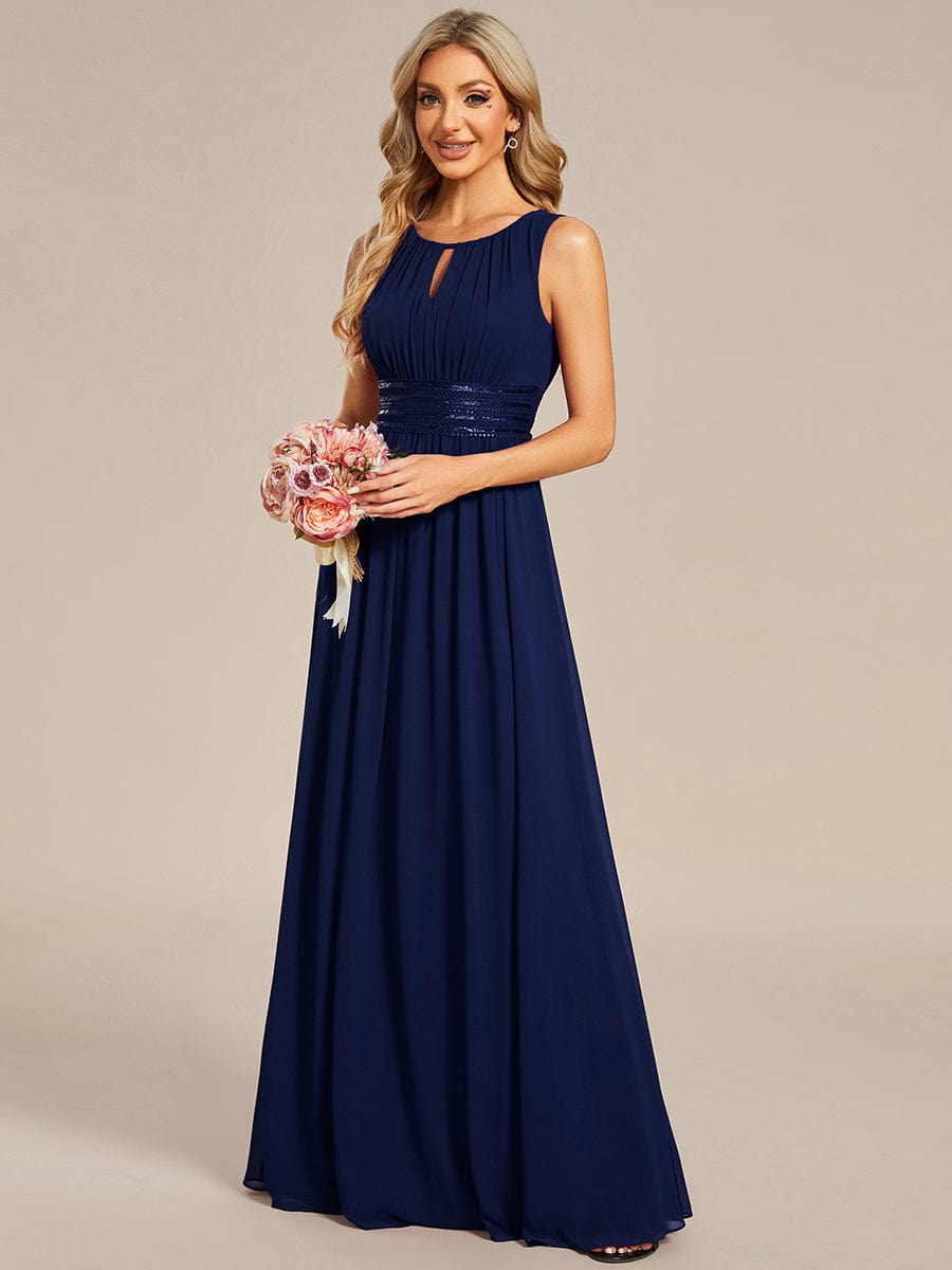 A-Line Chiffon Bridesmaid Dress with Sleeveless Round Neckline and Pleats #color_Navy Blue
