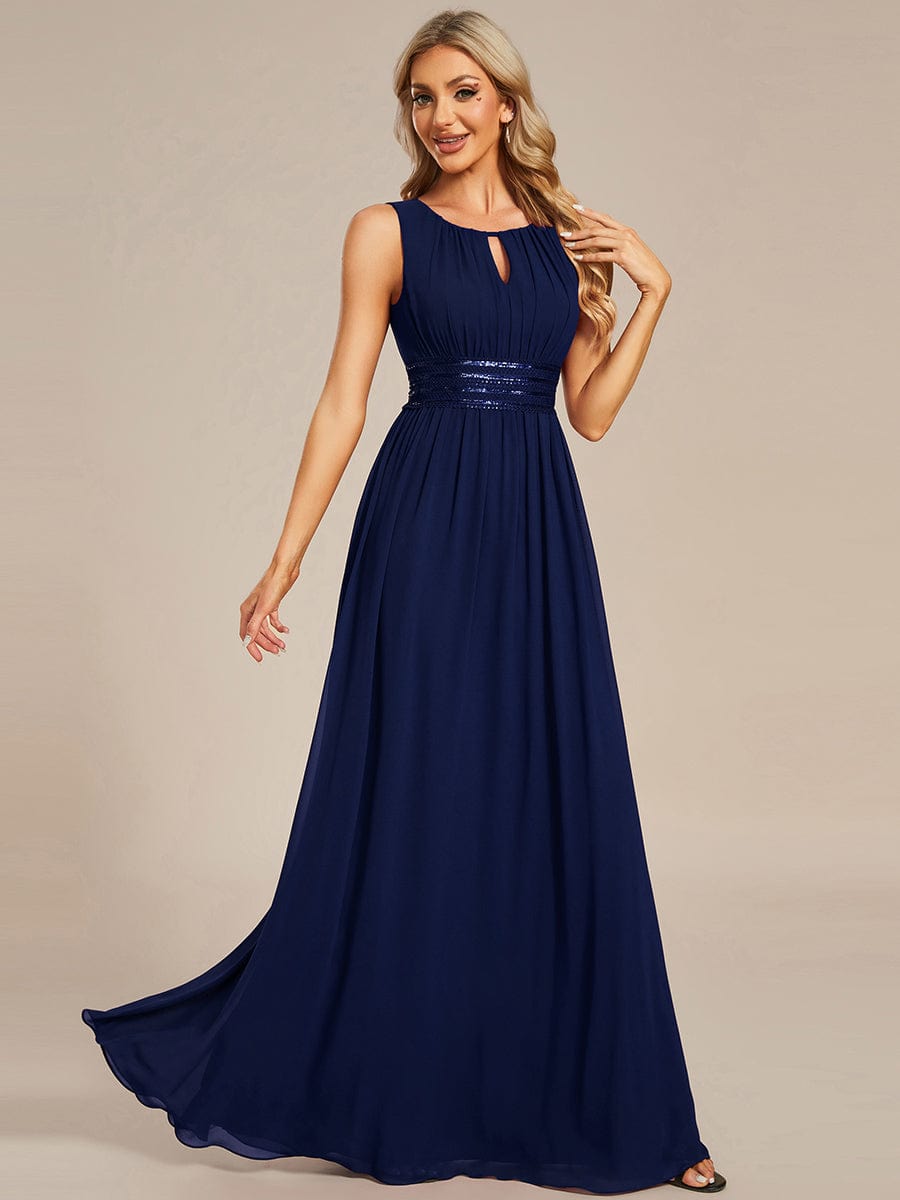 A-Line Chiffon Bridesmaid Dress with Sleeveless Round Neckline and Pleats #color_Navy Blue