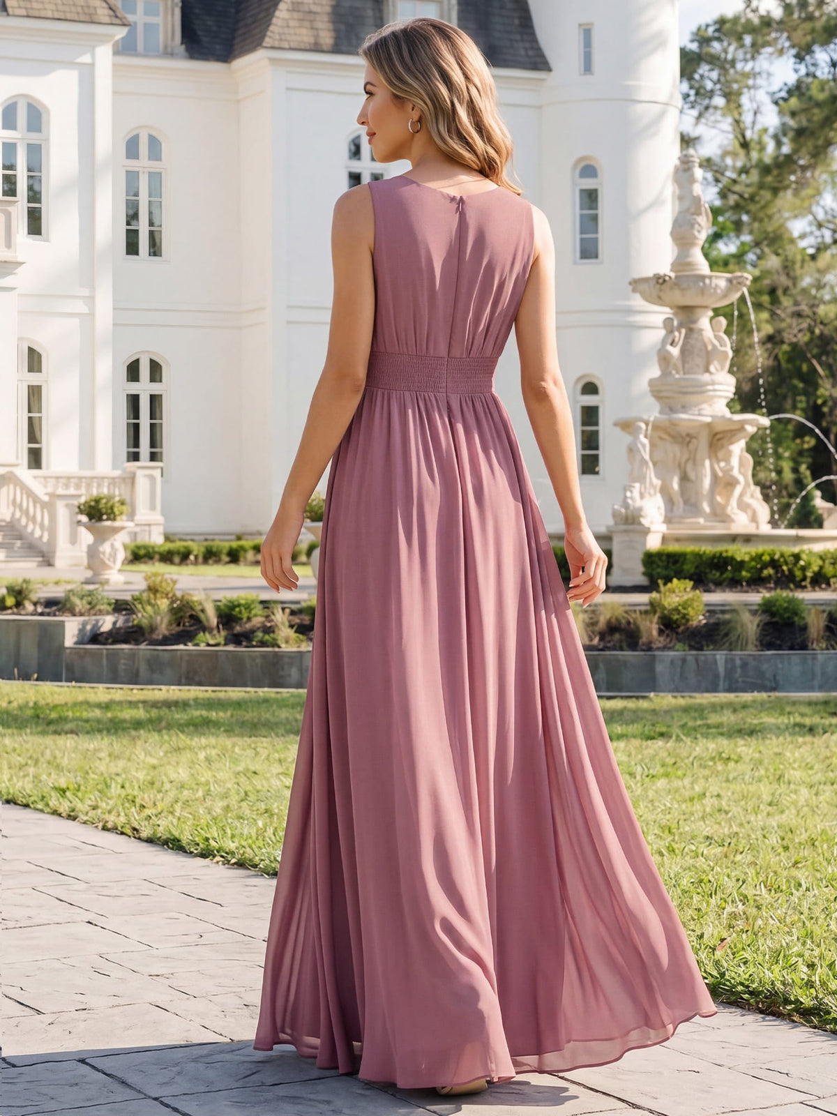 A-Line Chiffon Bridesmaid Dress with Sleeveless Round Neckline and Pleats #color_Purple Orchid