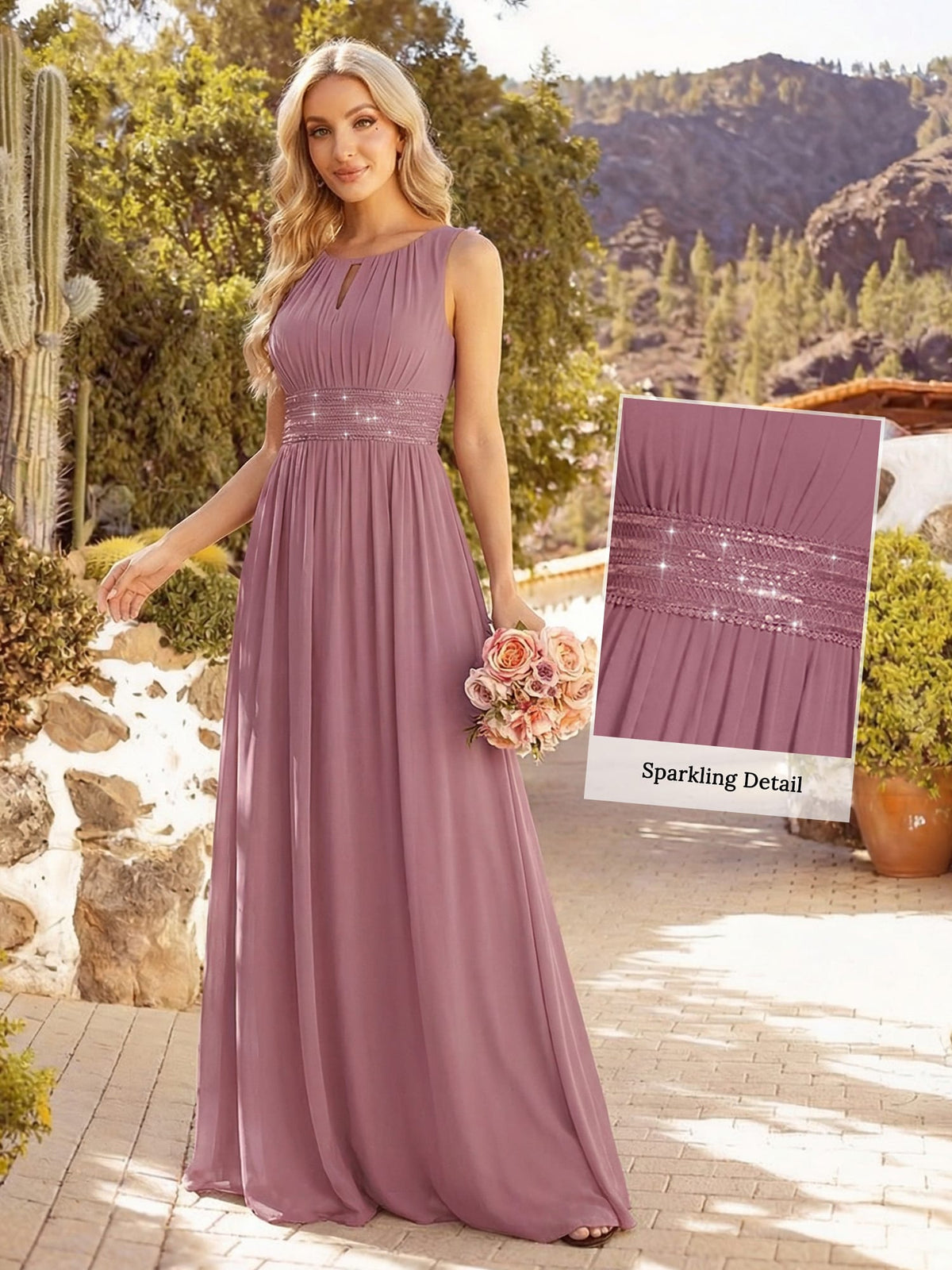 A-Line Chiffon Bridesmaid Dress with Sleeveless Round Neckline and Pleats #color_Purple Orchid