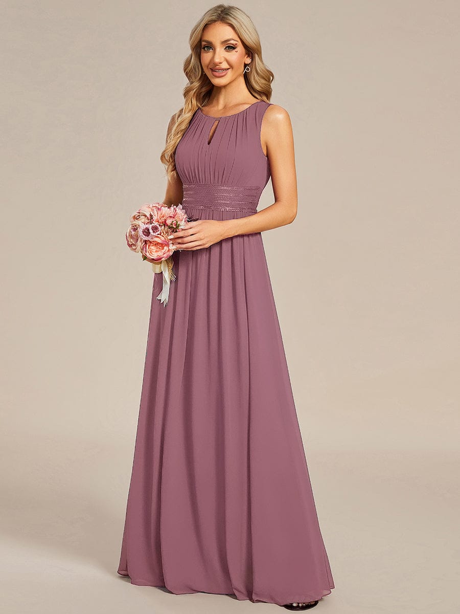 A-Line Chiffon Bridesmaid Dress with Sleeveless Round Neckline and Pleats #color_Purple Orchid