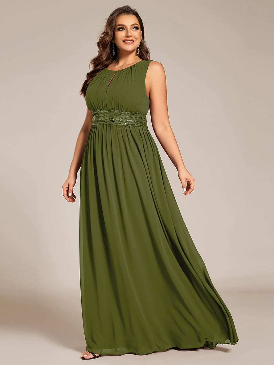 A-Line Chiffon Bridesmaid Dress with Sleeveless Round Neckline and Pleats #color_Olive Green