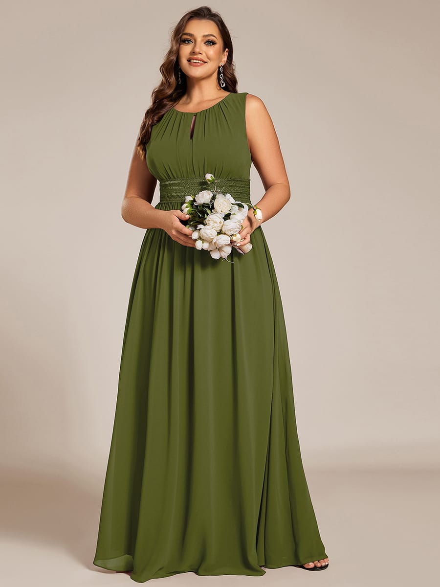 A-Line Chiffon Bridesmaid Dress with Sleeveless Round Neckline and Pleats #color_Olive Green