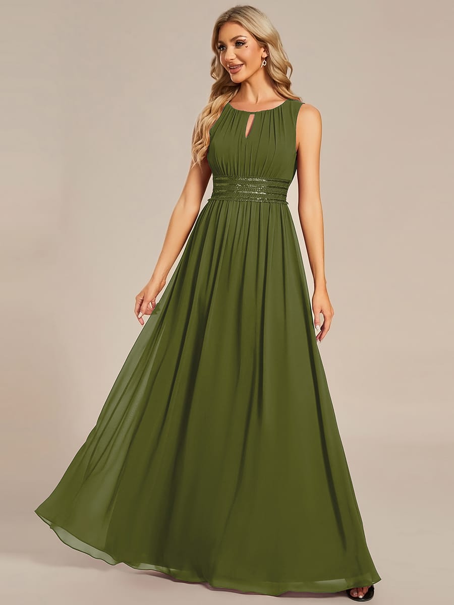 A-Line Chiffon Bridesmaid Dress with Sleeveless Round Neckline and Pleats #color_Olive Green