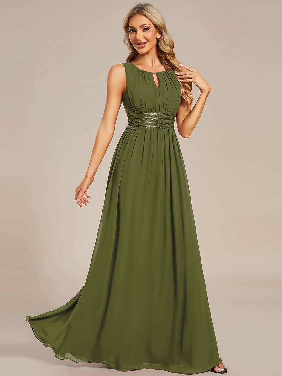A-Line Chiffon Bridesmaid Dress with Sleeveless Round Neckline and Pleats #color_Olive Green