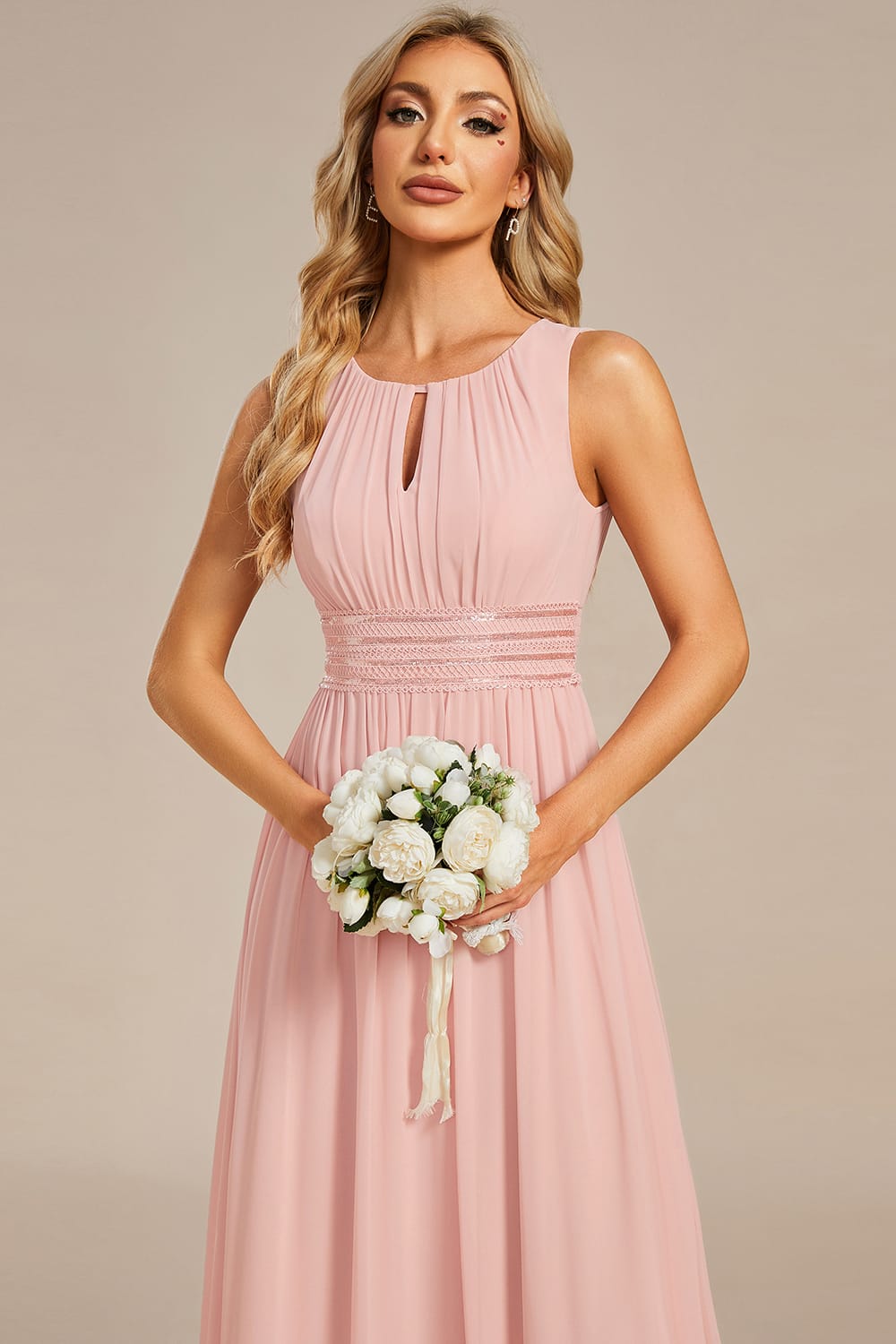 A-Line Chiffon Bridesmaid Dress with Sleeveless Round Neckline and Pleats #color_Pink
