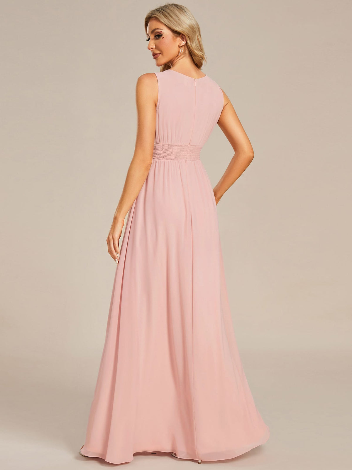 A-Line Chiffon Bridesmaid Dress with Sleeveless Round Neckline and Pleats #color_Pink