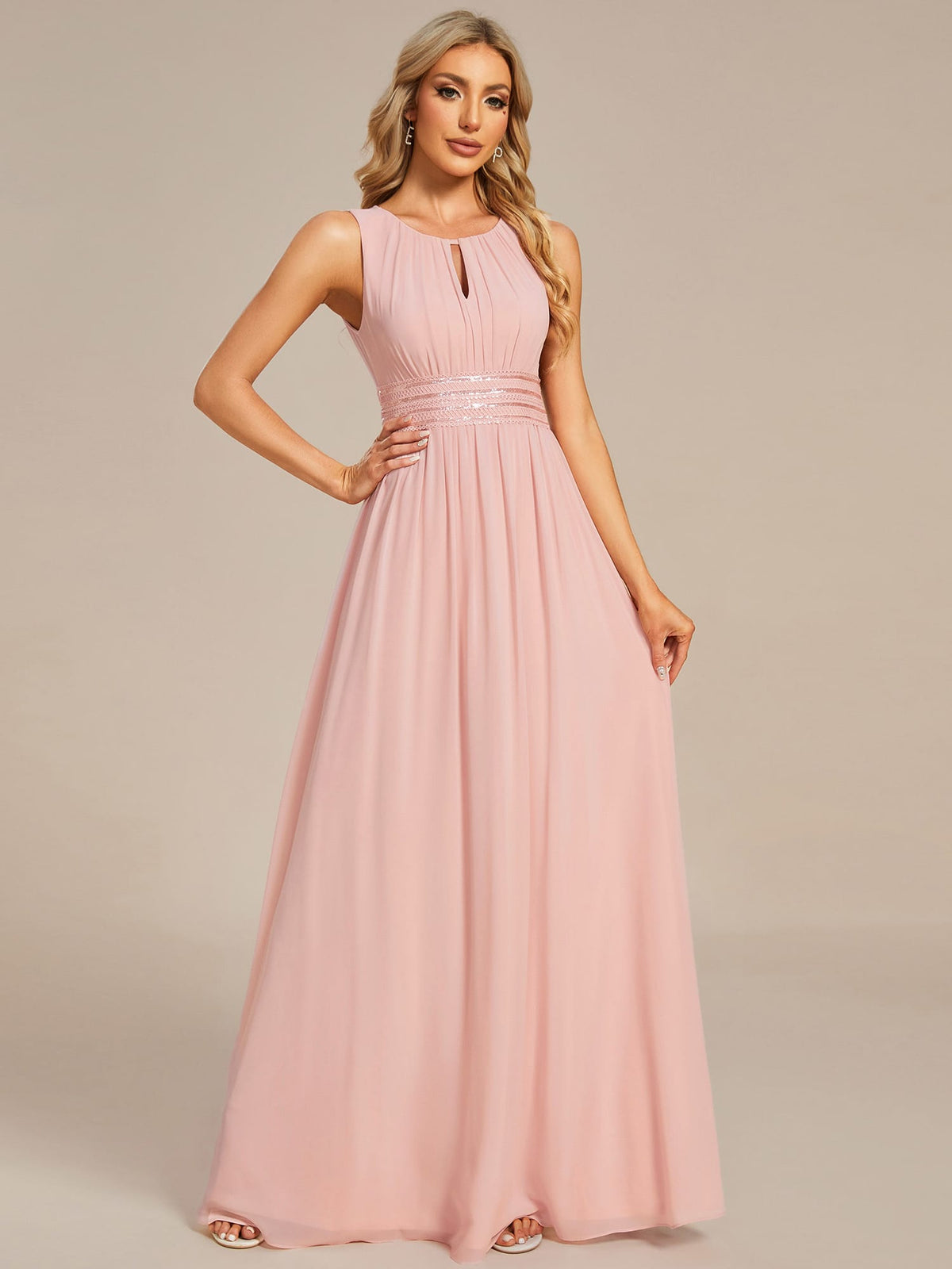 A-Line Chiffon Bridesmaid Dress with Sleeveless Round Neckline and Pleats #color_Pink