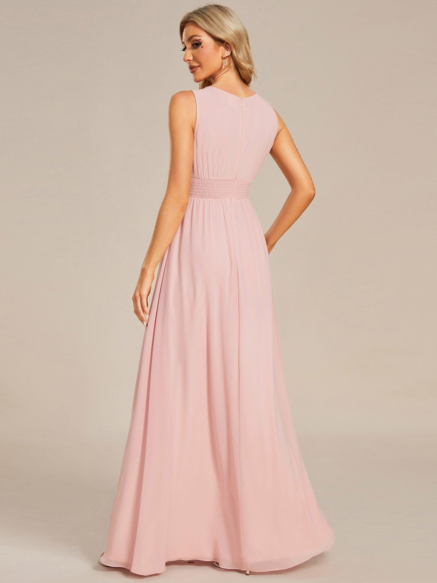 A-Line Chiffon Evening Dress with Sleeveless Round Neckline and Pleats #color_Pink