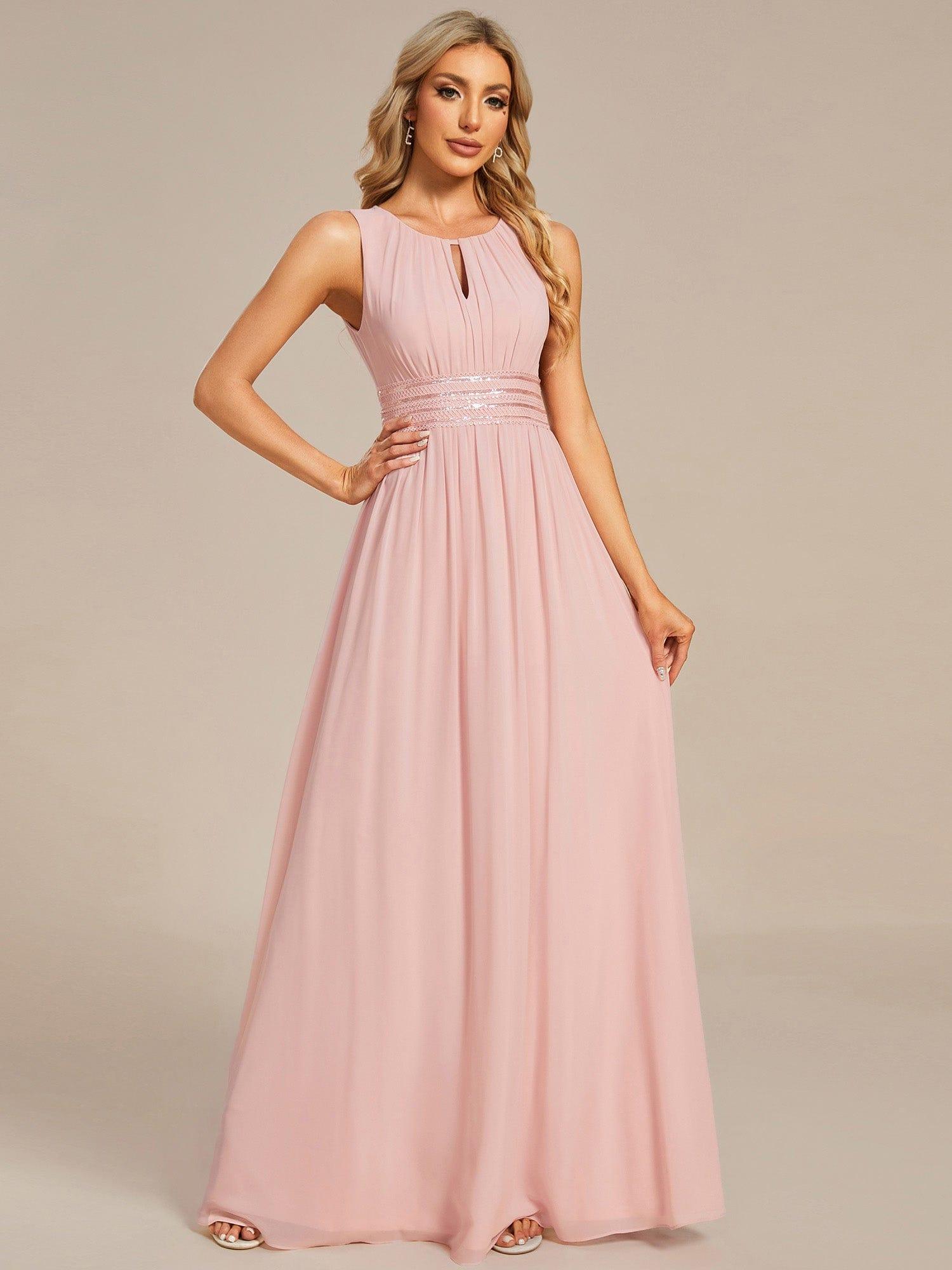 A-Line Chiffon Evening Dress with Sleeveless Round Neckline and Pleats #color_Pink