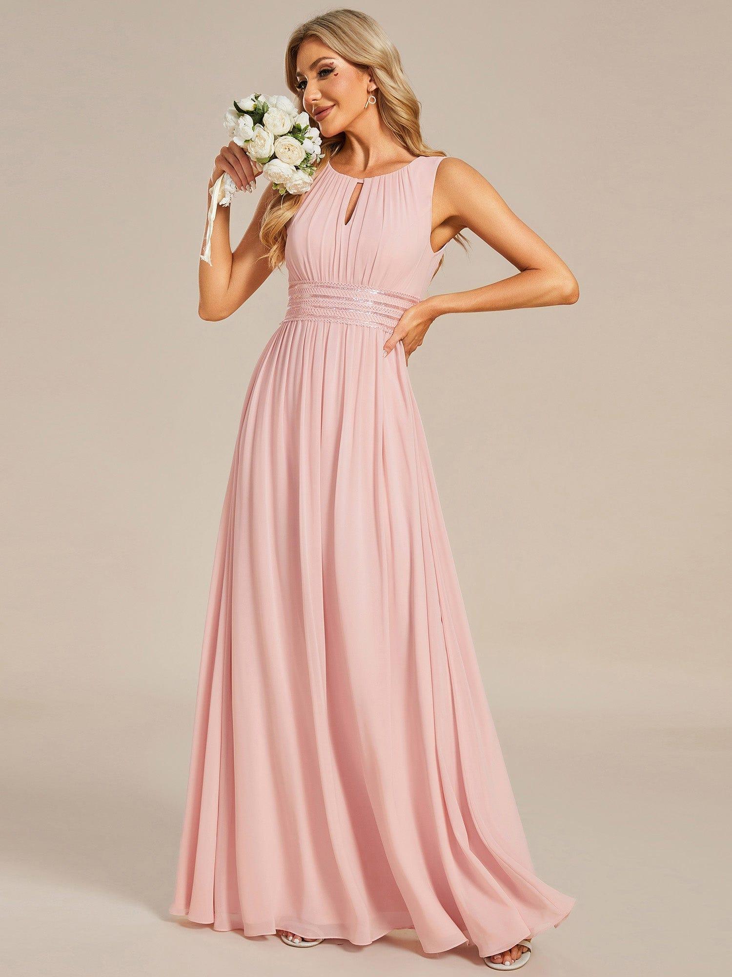A-Line Chiffon Evening Dress with Sleeveless Round Neckline and Pleats #color_Pink