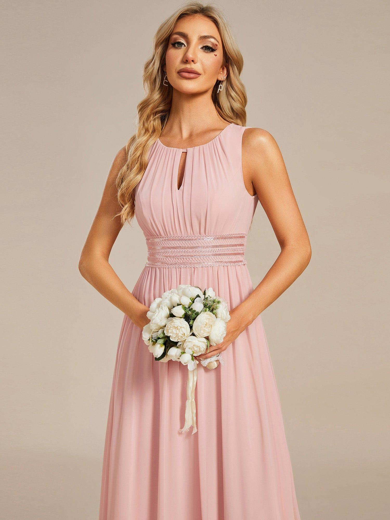 A-Line Chiffon Evening Dress with Sleeveless Round Neckline and Pleats #color_Pink