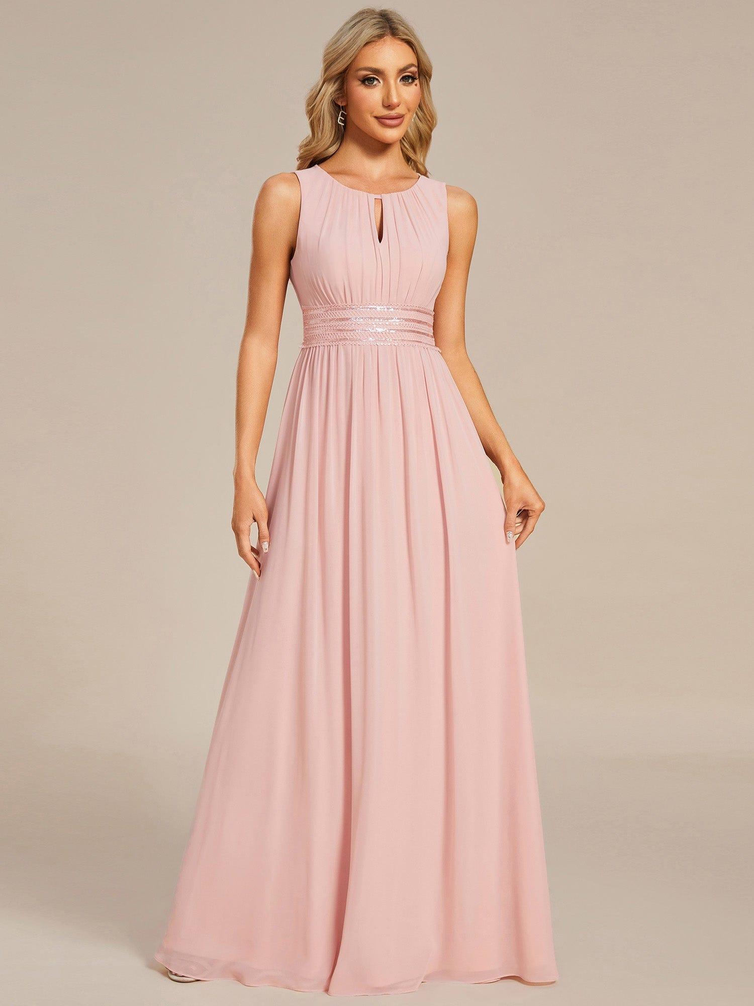 A-Line Chiffon Evening Dress with Sleeveless Round Neckline and Pleats #color_Pink