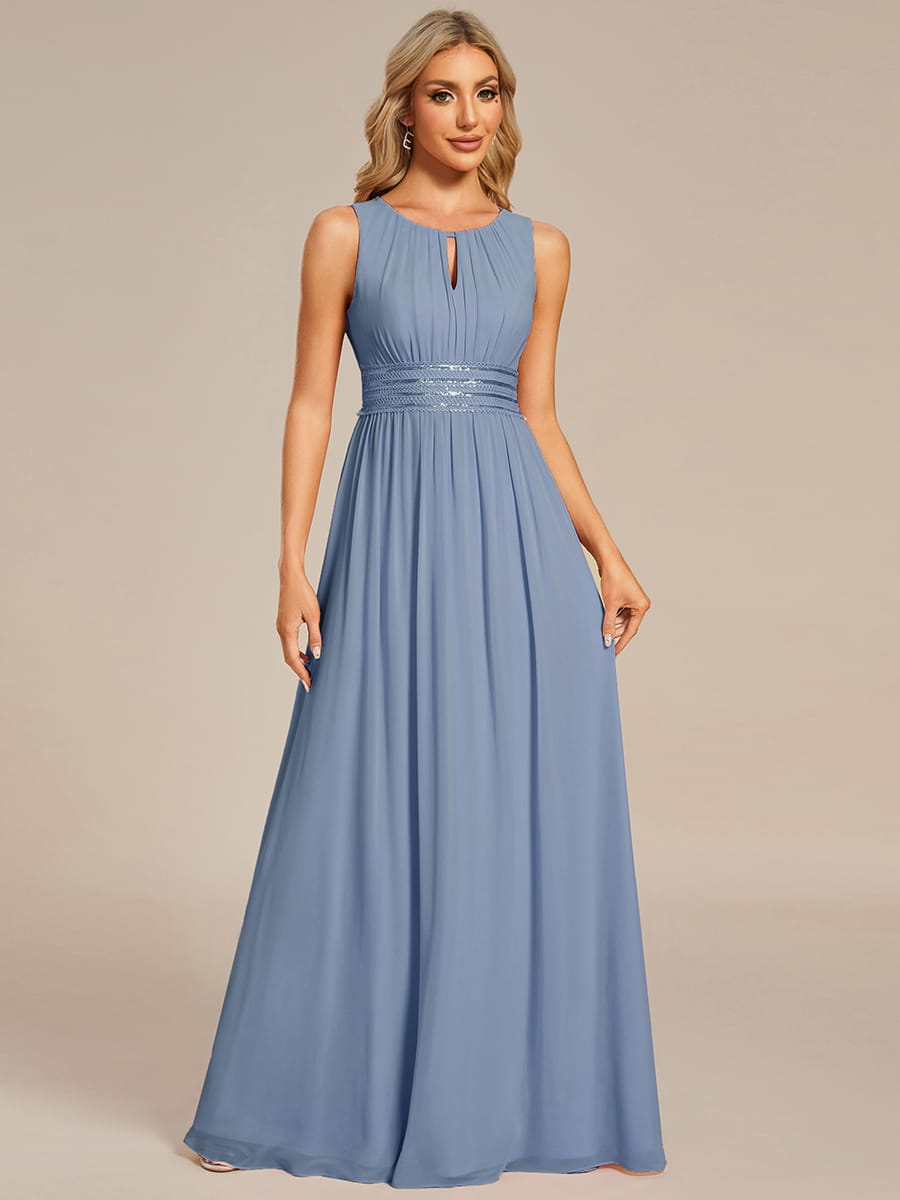 A-Line Chiffon Bridesmaid Dress with Sleeveless Round Neckline and Pleats #color_Slate Blue