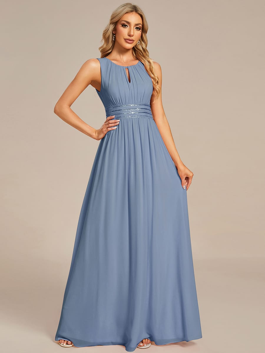 A-Line Chiffon Bridesmaid Dress with Sleeveless Round Neckline and Pleats #color_Slate Blue