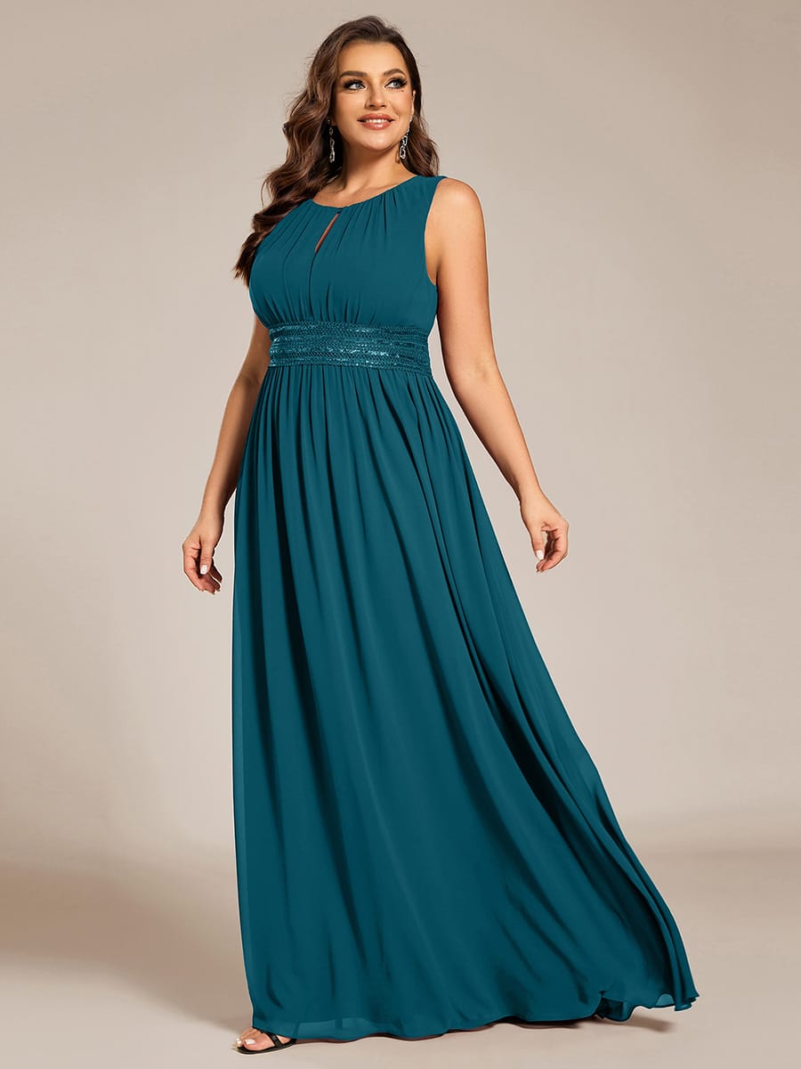 A-Line Chiffon Bridesmaid Dress with Sleeveless Round Neckline and Pleats #color_Teal Blue