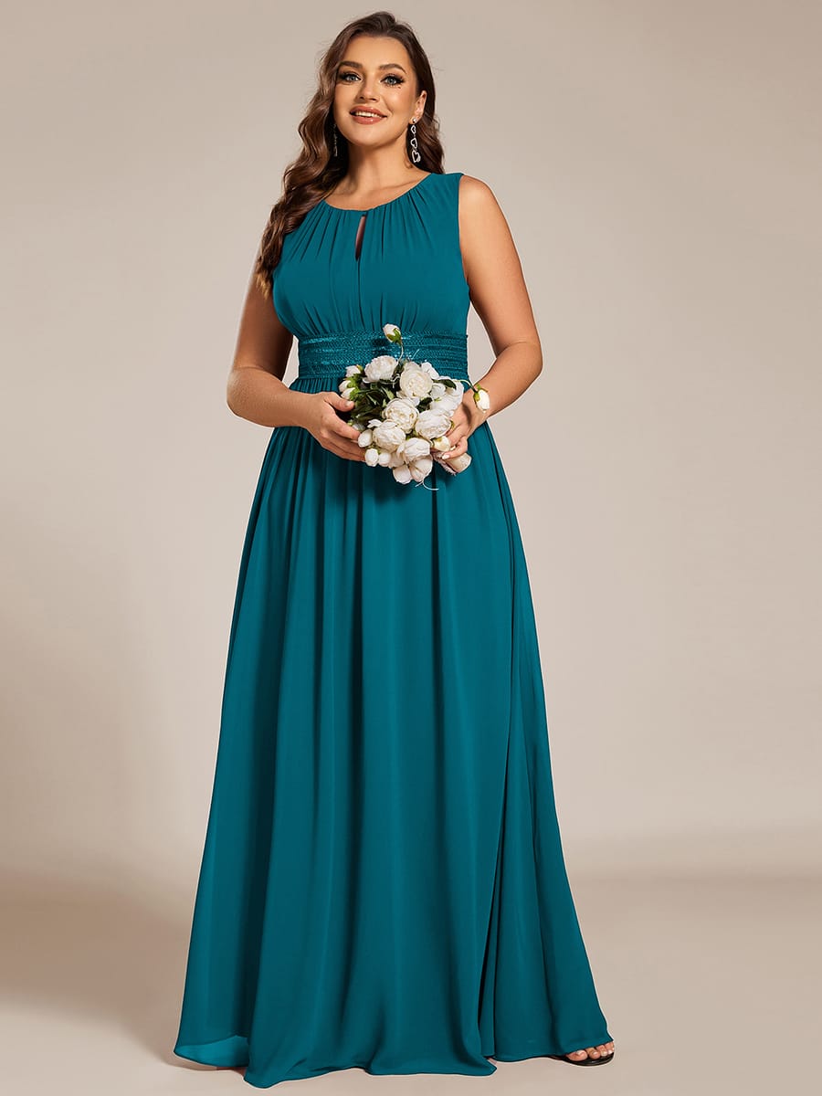 A-Line Chiffon Bridesmaid Dress with Sleeveless Round Neckline and Pleats #color_Teal Blue