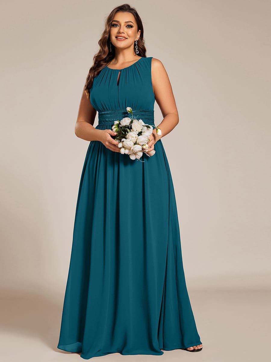 A-Line Chiffon Bridesmaid Dress with Sleeveless Round Neckline and Pleats #color_Teal Blue