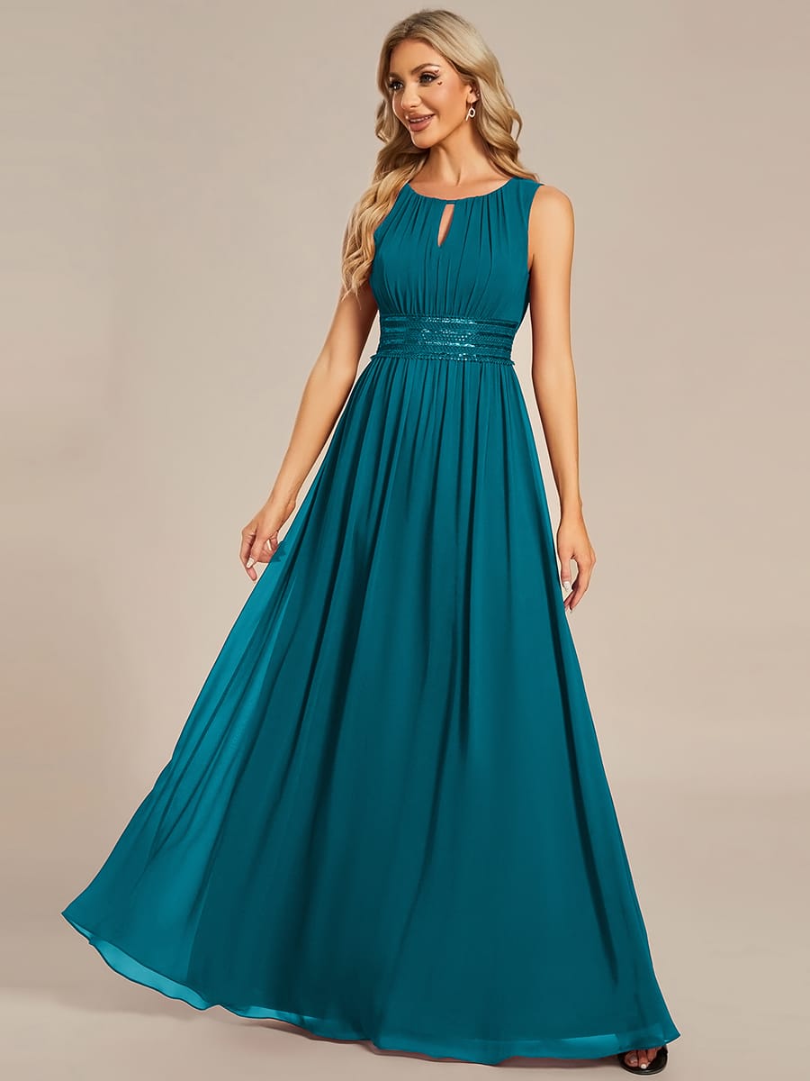 A-Line Chiffon Bridesmaid Dress with Sleeveless Round Neckline and Pleats #color_Teal Blue