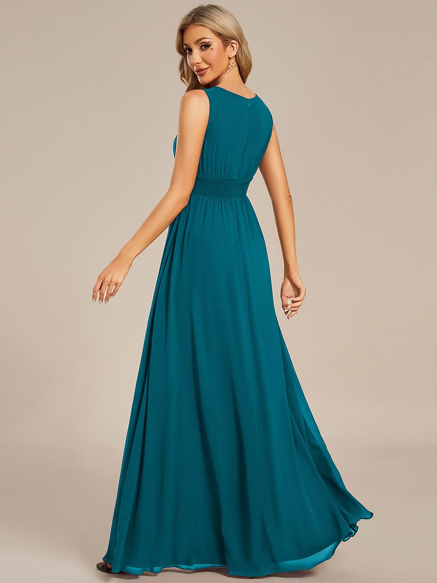 A-Line Chiffon Bridesmaid Dress with Sleeveless Round Neckline and Pleats #color_Teal Blue