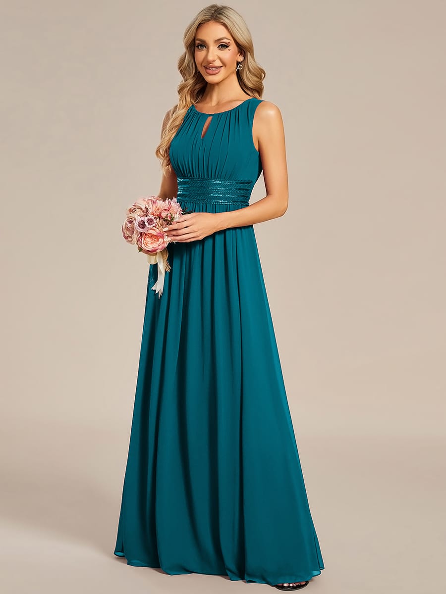 A-Line Chiffon Bridesmaid Dress with Sleeveless Round Neckline and Pleats #color_Teal Blue