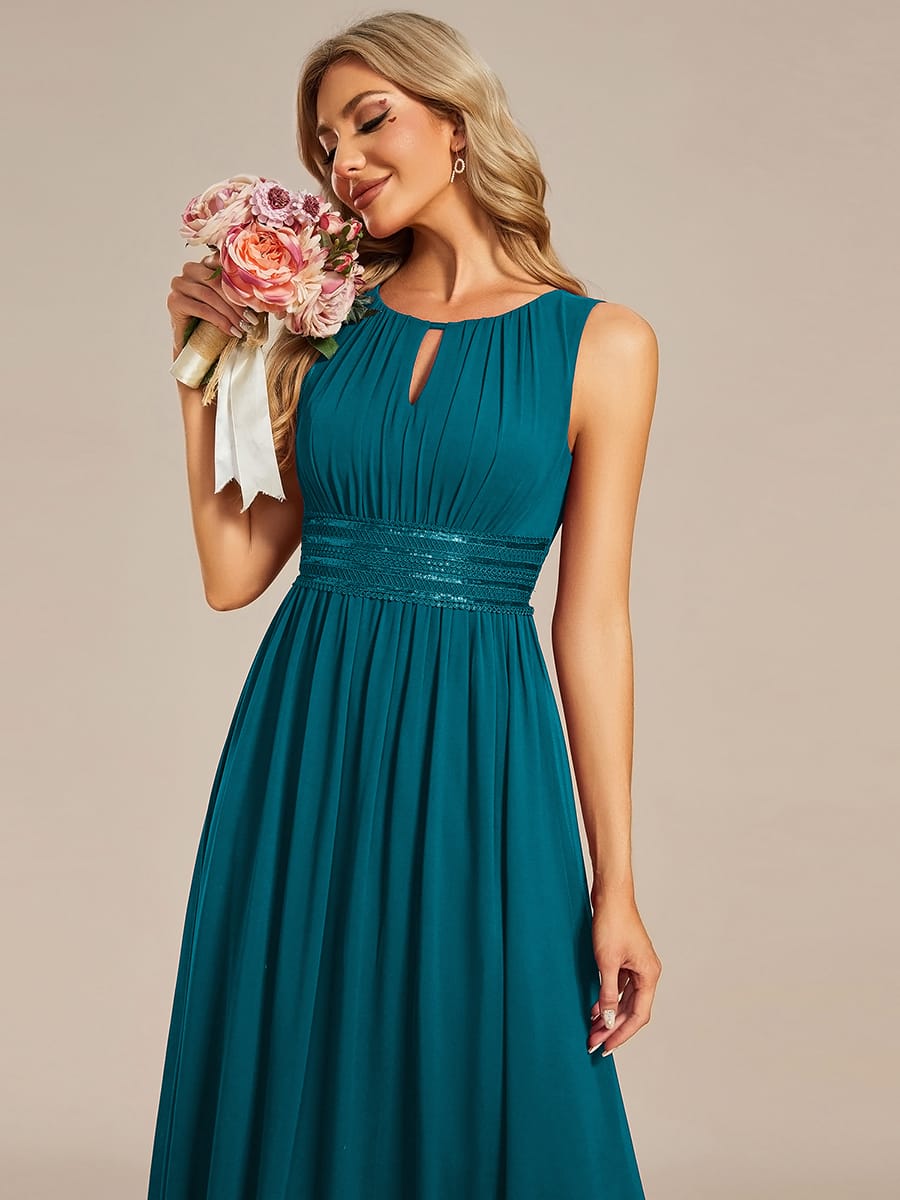 A-Line Chiffon Bridesmaid Dress with Sleeveless Round Neckline and Pleats #color_Teal Blue
