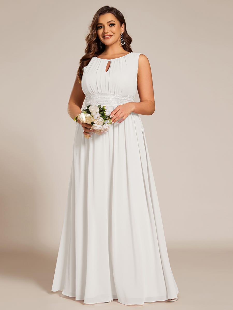 A-Line Chiffon Bridesmaid Dress with Sleeveless Round Neckline and Pleats #color_White