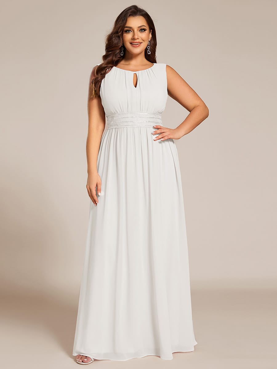 A-Line Chiffon Bridesmaid Dress with Sleeveless Round Neckline and Pleats #color_White