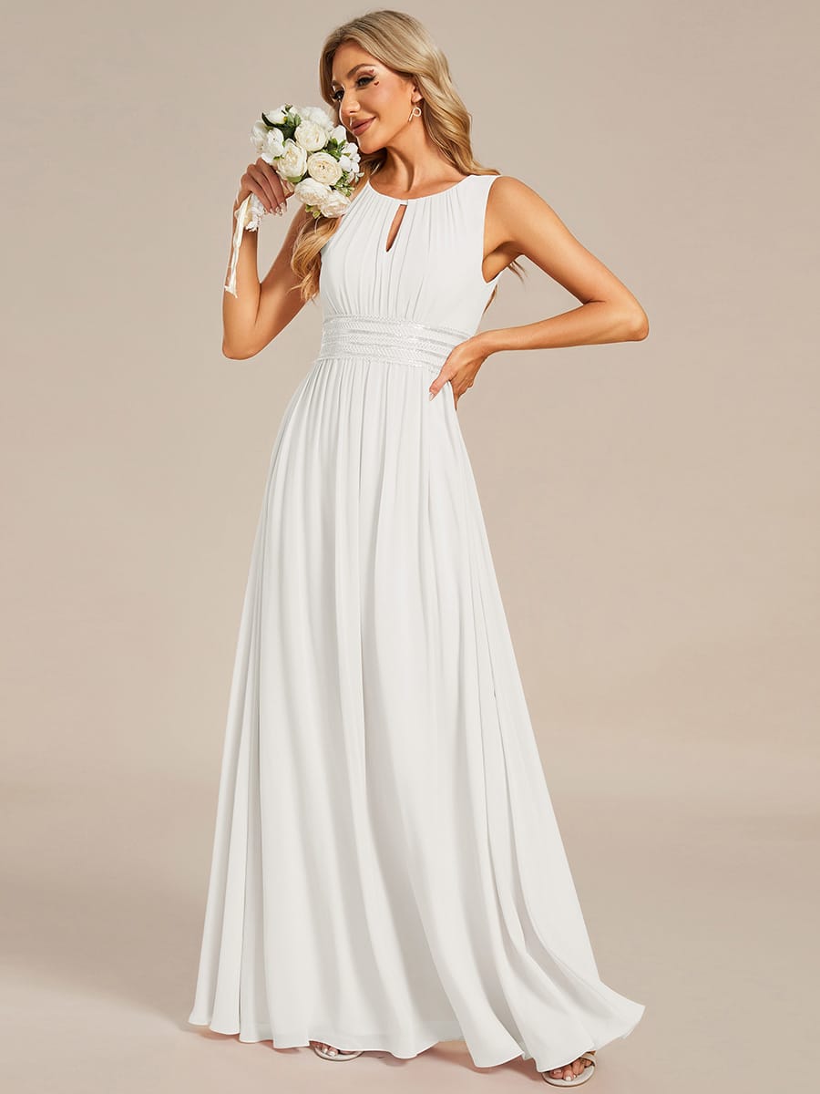 A-Line Chiffon Bridesmaid Dress with Sleeveless Round Neckline and Pleats #color_White