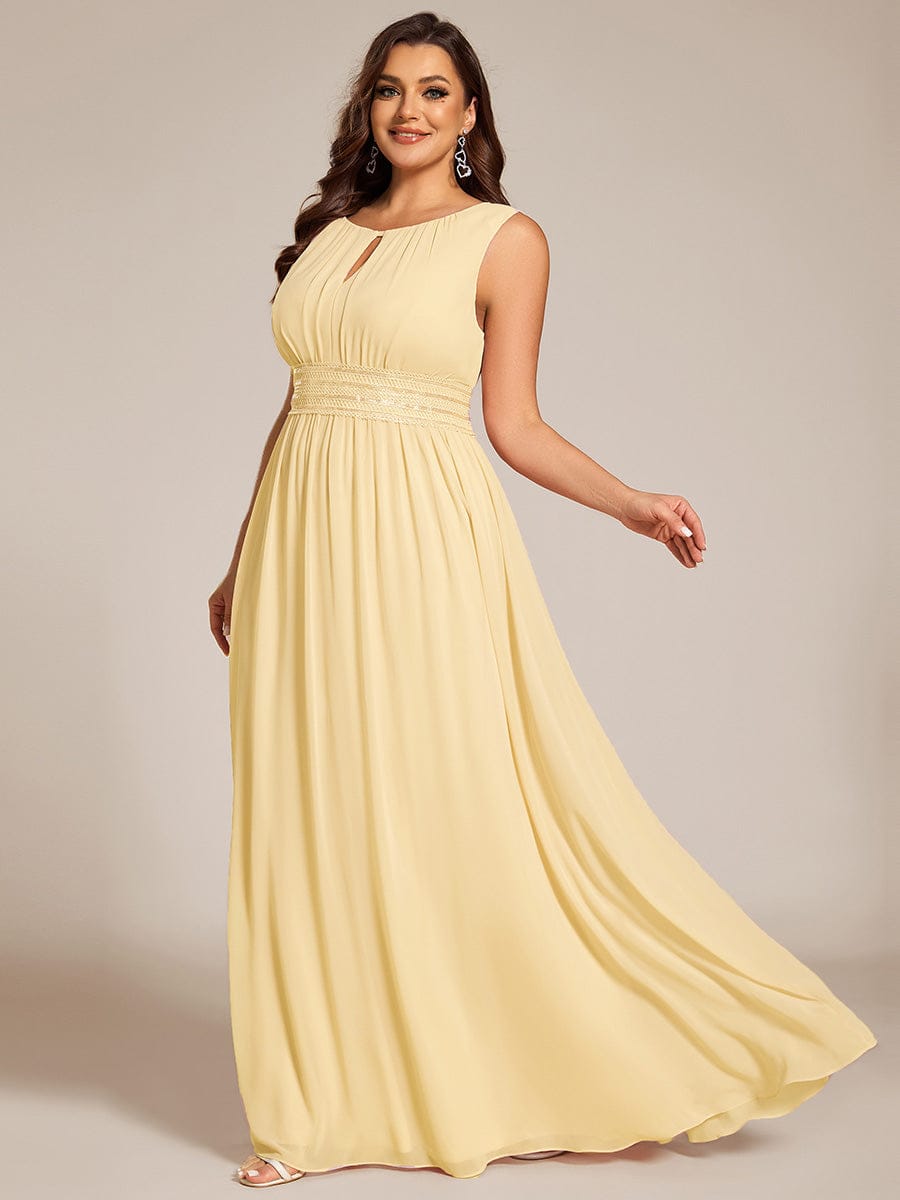A-Line Chiffon Bridesmaid Dress with Sleeveless Round Neckline and Pleats #color_Yellow