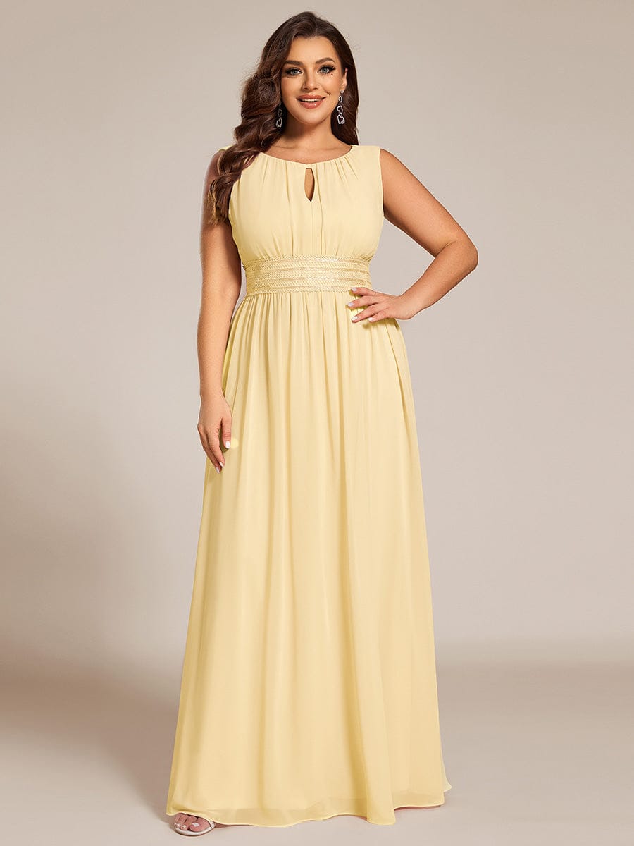 A-Line Chiffon Bridesmaid Dress with Sleeveless Round Neckline and Pleats #color_Yellow