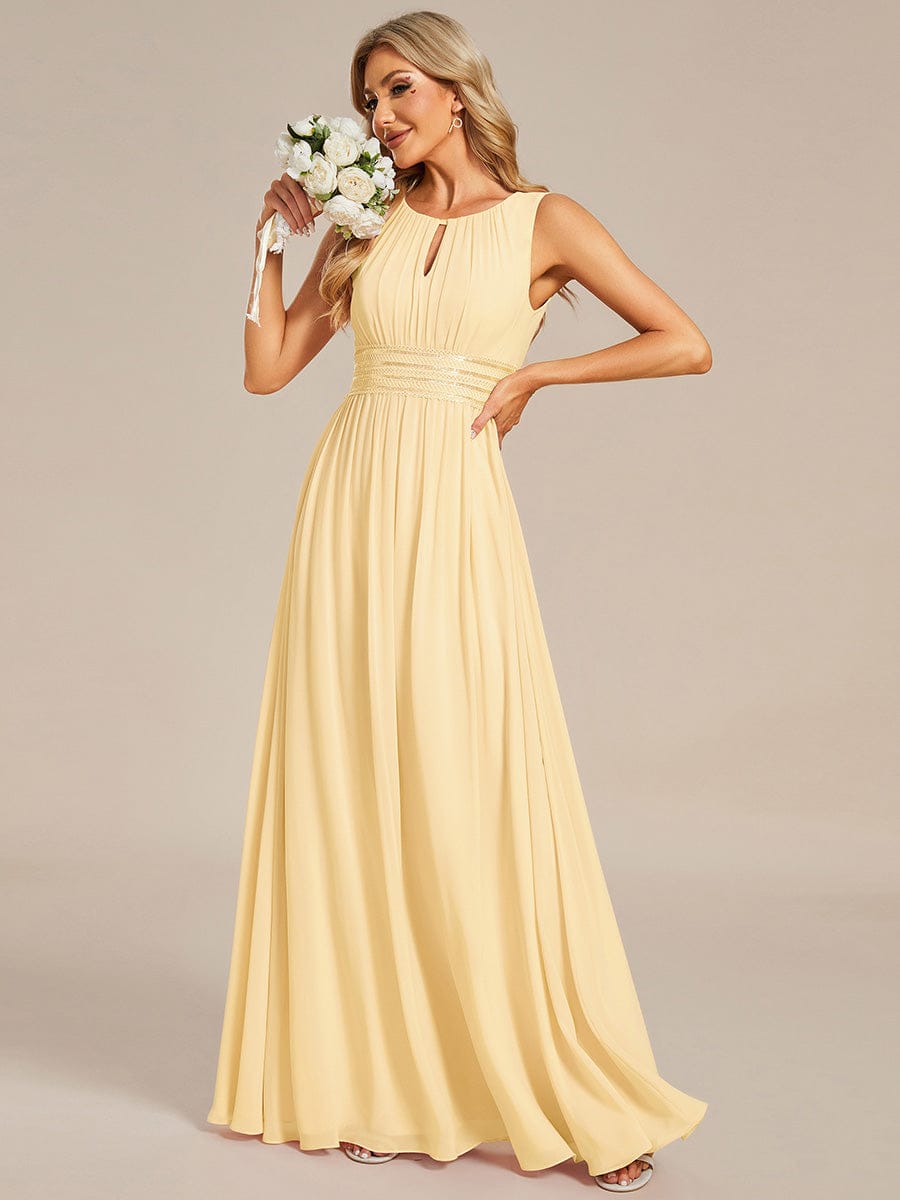 A-Line Chiffon Bridesmaid Dress with Sleeveless Round Neckline and Pleats #color_Yellow