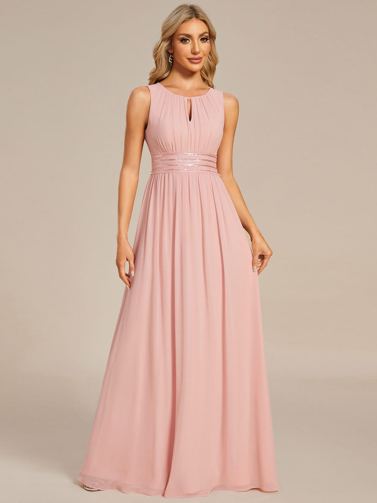 A-Line Chiffon Bridesmaid Dress with Sleeveless Round Neckline and Pleats #color_Pink