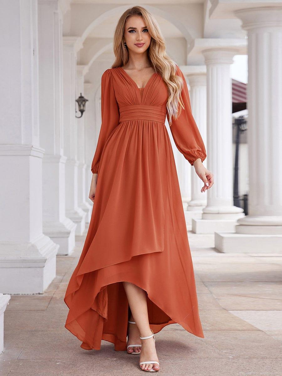 Enchanting Chiffon Lantern Sleeve Pleated High Waist Bridesmaid Dress #color_Burnt Orange