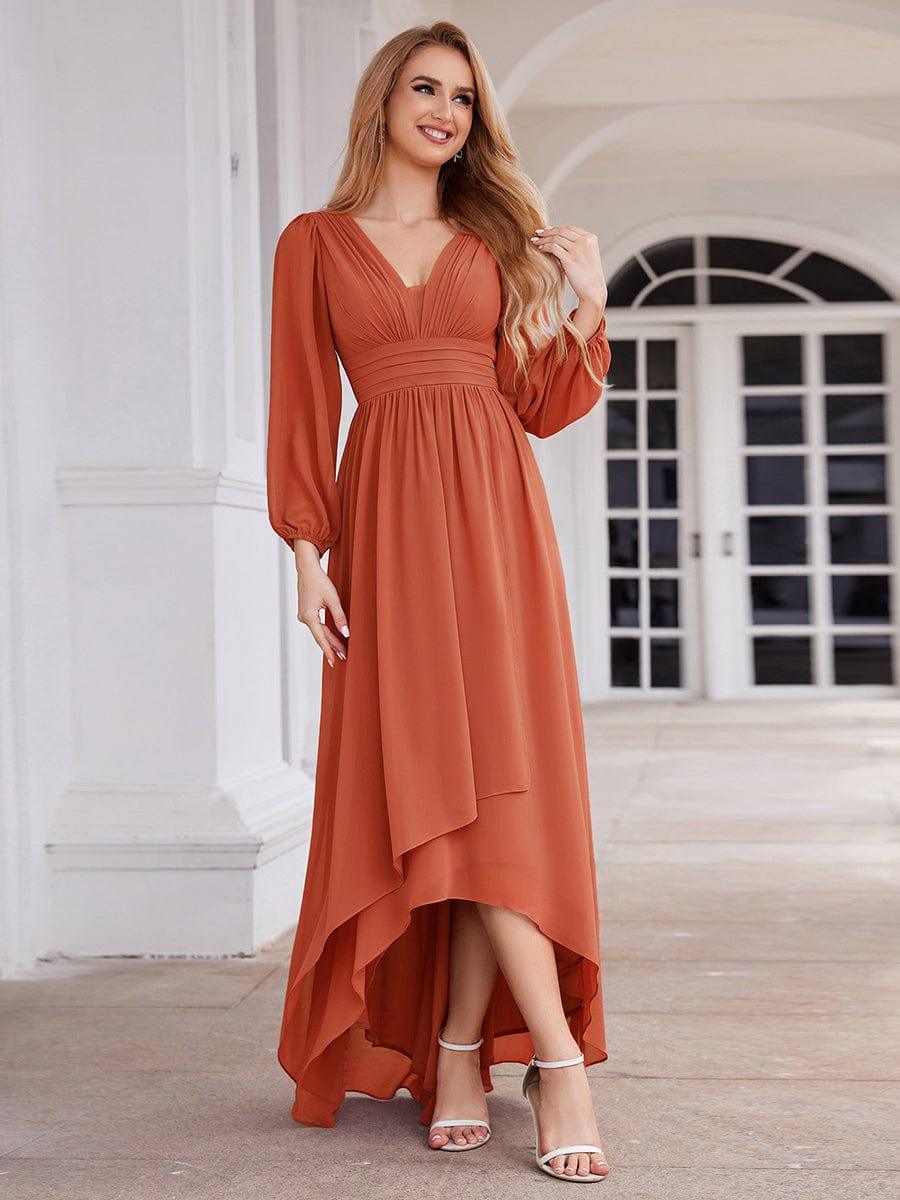Enchanting Chiffon Lantern Sleeve Pleated High Waist Bridesmaid Dress #color_Burnt Orange