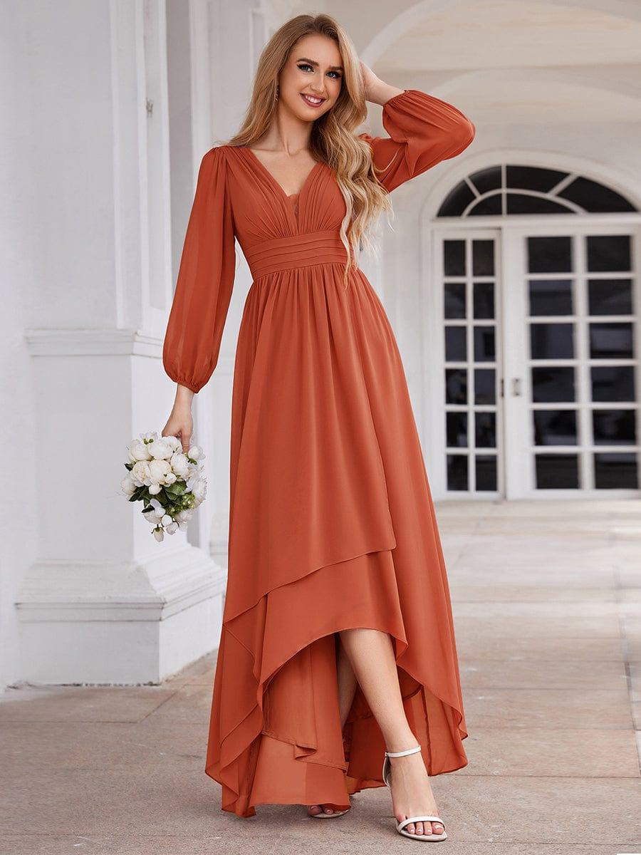 Enchanting Chiffon Lantern Sleeve Pleated High Waist Bridesmaid Dress #color_Burnt Orange