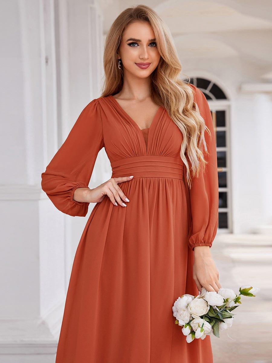 Enchanting Chiffon Lantern Sleeve Pleated High Waist Bridesmaid Dress #color_Burnt Orange