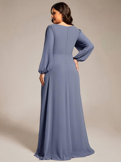 Plus Size Enchanting Chiffon Lantern Sleeve Pleated High Waist Bridesmaid Dress #color_Dusty Blue