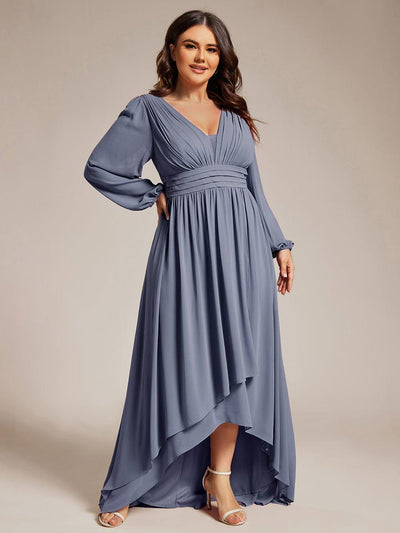 Plus Size Enchanting Chiffon Lantern Sleeve Pleated High Waist Bridesmaid Dress #color_Dusty Blue