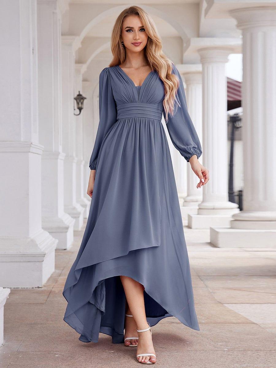 Enchanting Chiffon Lantern Sleeve Pleated High Waist Bridesmaid Dress #color_Dusty Blue