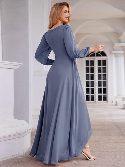 Enchanting Chiffon Lantern Sleeve Pleated High Waist Bridesmaid Dress #color_Dusty Blue