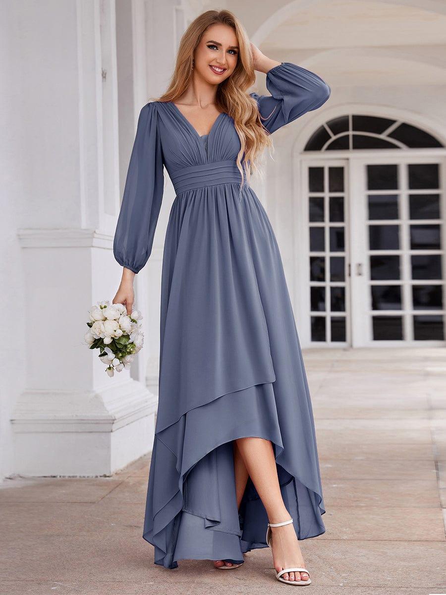 Enchanting Chiffon Lantern Sleeve Pleated High Waist Bridesmaid Dress #color_Dusty Blue