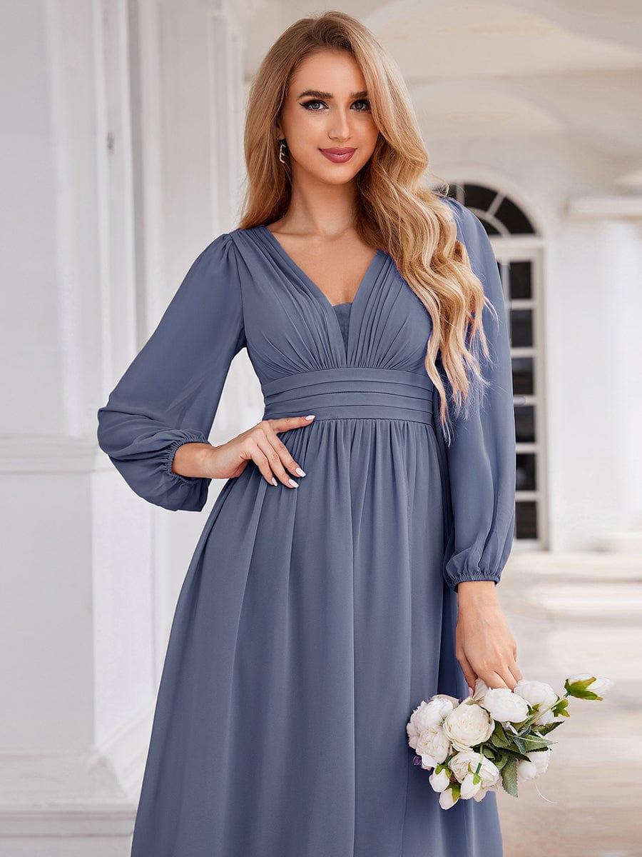 Enchanting Chiffon Lantern Sleeve Pleated High Waist Bridesmaid Dress #color_Dusty Blue