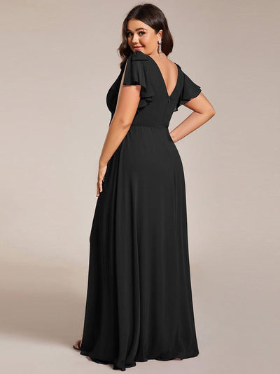 Plus Size Double V-Neck High Split Bridesmaid Dress with Ribbon Bow #color_Black