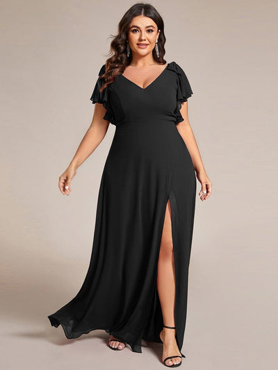 Plus Size Double V-Neck High Split Bridesmaid Dress with Ribbon Bow #color_Black