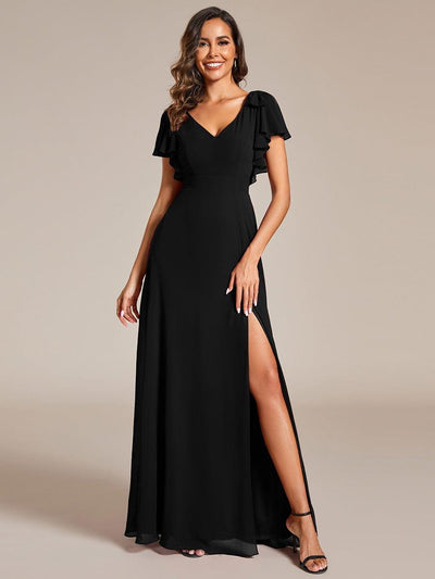Double V-Neck High Split Bridesmaid Dress with Ribbon Bow #color_Black