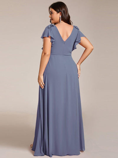 Plus Size Double V-Neck High Split Bridesmaid Dress with Ribbon Bow #color_Dusty Blue