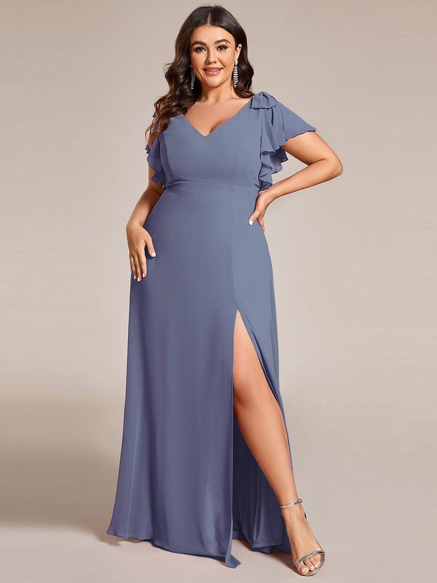 Plus Size Double V-Neck High Split Bridesmaid Dress with Ribbon Bow #color_Dusty Blue
